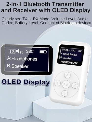 Hoyromany Transmisor Receptor Bluetooth 5.3 para TV Avion Coche, 2 en 1 Pantalla OLED Adaptador Bluetooth Audio, Emisor Receptor Inalambrico con Jack 3,5 RCA para Auriculares Altavoces PC Televisión - imagen 2