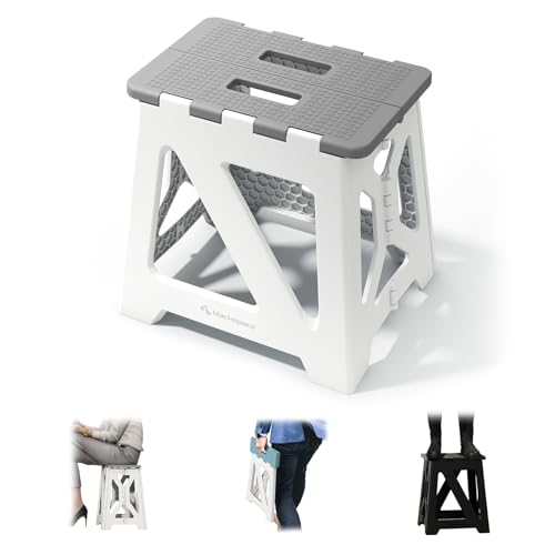 BLACKSPACE Hocker Klappbar, Stabil & Anti-Rutsch Faltbar Tritthocker, Tragbarer Leichtgewichtig, Ideal für Bad, Toilette, Küche - 33cm Hoch (Grau/Weiß)