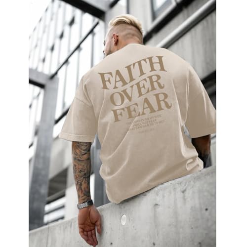Image of Christian Faith Over Fear Shirt for Men Jesus Religious Shirts Oversized Graphic Tees Acid Wash God T-Shirt