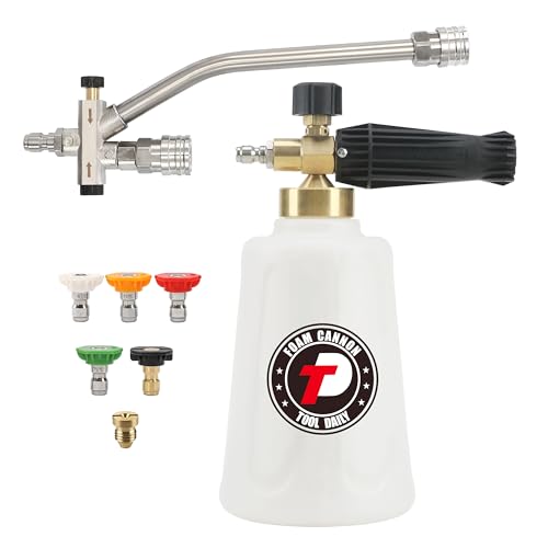 Tool Daily Foam Cannon for Pressure Washer with Double Tip Attachment, Dual Lance Wide Mouth Soap Cannon, 5 Power Washer Sprayer Nozzles, 1/4″ Quick Connect, 3600 PSI