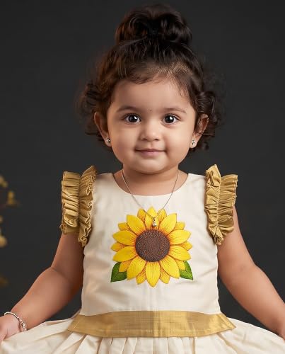 Image of Stanwells Kids Baby Girl Dress Cream Gold Pattu Pavadai Cotton Silk Lehenga Choli Kerala Kasavu South Indian Onam Festival Traditional Ethnic Wear