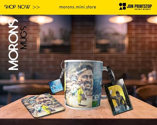 Image of MORONS (A Brand Owned by JBN Printstop) MS Dhoni Tribute Gift Box Includes 4 Items: Ceramic Mug, Keychain, Bag Tag and Tea Coaster - The Ultimate MSD Fan Collection; 330ML