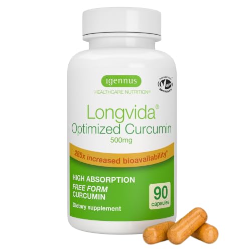 Igennus Longvida Curcumin 500mg High Absorption Free Curcumin 65x Higher Plasma Levels Sustained Release (7hr Half-Life) Brain & Cognitive Support Vegan 90 Capsules
