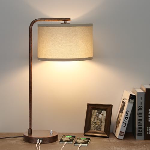 Vintage Table Lamp, Fully Dimmable Table Lamp with C+A USB Charging Ports, Farmhouse Bedside Lamp Nightstand Light, Tall Reading Desk Lamp for Living Room, Bedroom, Office, 9W LED Bulb Included