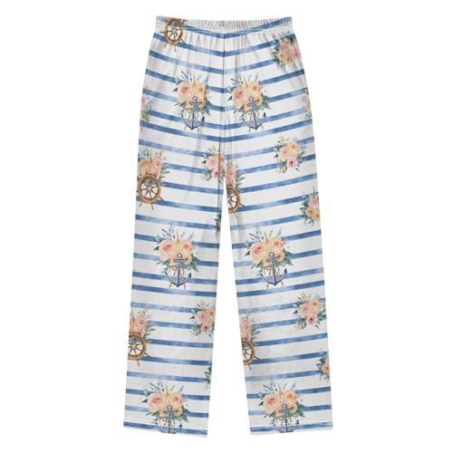 Pajama Pants Lounge Sleep PJ Bottoms Sleepwear Elastic Waist Drawstring S Rudder Anchor Floral2