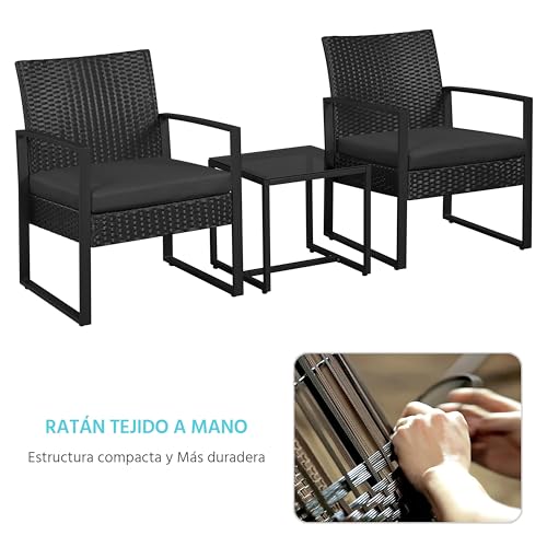 Yaheetech Conjunto de Mesa y Sillas de Jardín para Exterior Juego de Muebles de Jardin 2 Sillas Ratán con Cojines y Mesa Terraza con Tablero Vidrio de Seguridad para Terraza Balcón Negro - imagen 6