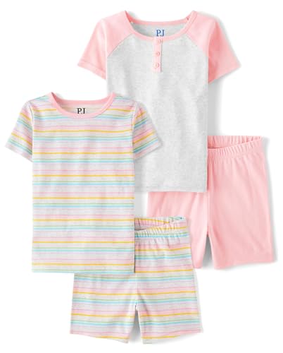 The Children's Place Girls' 100% Cotton Sleeve Top and Shorts 2 Piece Pajama Set