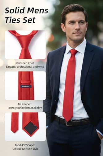 Image of HISDERN Mens Ties Solid Color Ties for Men Formal Necktie with Pocket Square Set Satin Silk Neck Tie Handkerchiefs Set