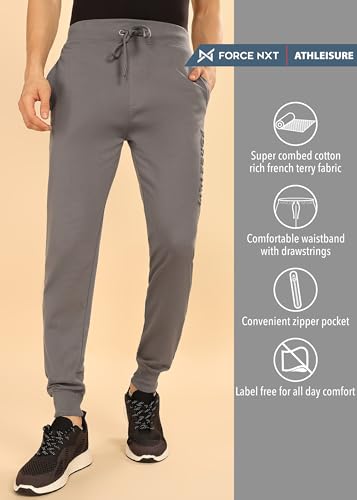 Image of Force NXT Men's Super Combed Cotton Rich French Terry Fabric Solid Joggers | Active Joggers for Men | Comfortable Waistband with Zipper Pocket for Daily Workout
