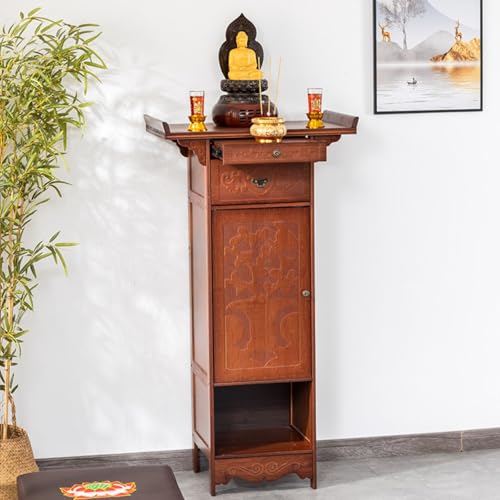 Table d'autel bouddhiste avec plateforme coulissante et etageres de priere