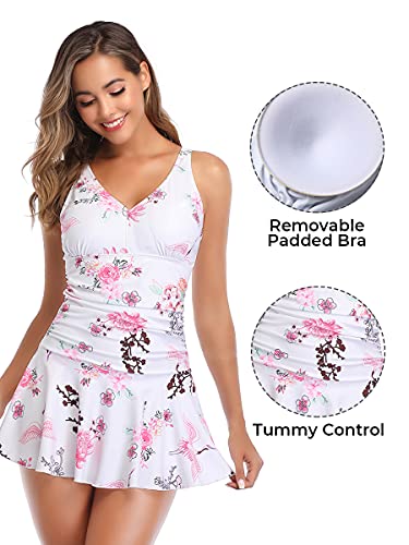 Summer Mae Women's Plus Size Floral Swimdress Tummy Control One Piece Swimsuit White Flower Xxx-Large #TOP1