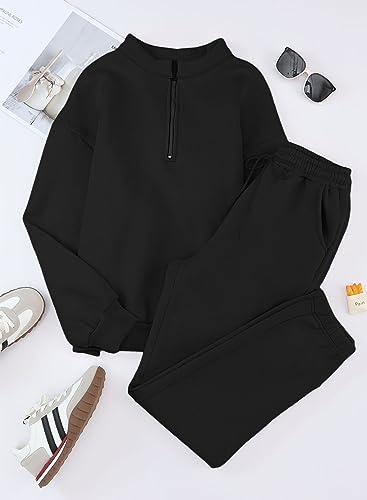 Aleumdr Womens 2 Piece Sweatsuit Sets 2023 Fall Trendy Half Zip Pullover Long Sleeve Sweatshirt Jogger Pants Outfits with Pockets Black Small - Thumbnail 7