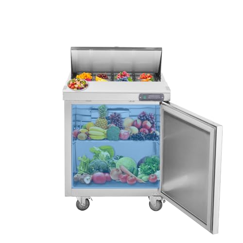 Image of JINSONG 28-Inch Commercial Refrigerated Sandwich & Salad Prep Table, 7.4 Cu. Ft. Stainless Steel Food Prep Refrigerator with Cutting Board and 12 Pans for Restaurants, Bars and Cafes