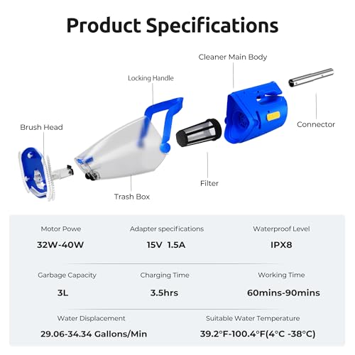 Efurden Rechargeable Pool Vacuum Cordless with Strong Suction up to 34 Gallons/min, 2 Modes Handheld Pool Cleaner 90 Mins Running Time Deep Cleaning for above & In-ground Pools, Hot Tubs, Spas - Thumbnail 7