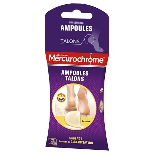 MERCUROCHROME - Pansements ampoules talons - Grand format - 5 unités - Technologie Hydrocolloïde - Soulage la douleur - Favorise la cicatrisation - Protège des zones de frottements