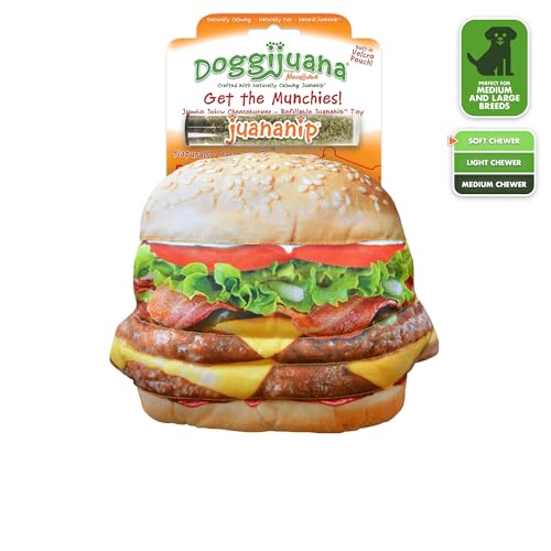 Image of Doggijuana Tuffer Chewer Dog Toy, Cheeseburger | Squeaky Refillable Toy | Squeaky plush dog toy with calming Juananip catnip inside; eases anxiety, stress & boredom; durable interactive chew toy