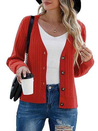 Image of Women's Rust Red Casual Dressy Stirped Cardigan with V Neck Button Sweaters Crew Neck Lady Lightweight Jacket 2024 Fall Winter Size XXL