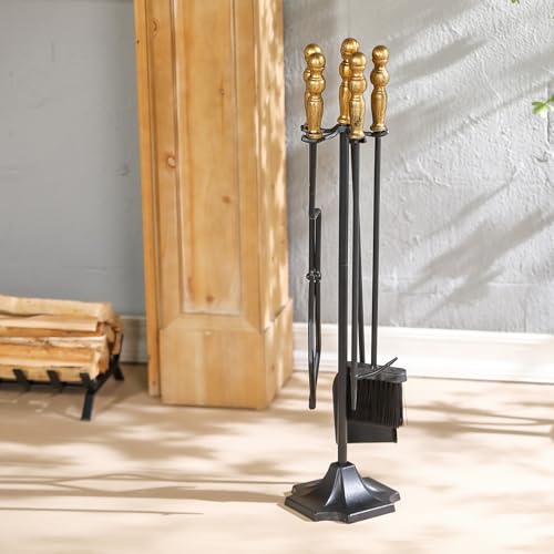 Fireplace Tools Set 5 Pcs Wrought Iron Fire Place Tools, Fireplace Tool Kit with Gold Handle for Indoor Fireplace Outdoor Fire Pit, Heavy Duty Base with Fire Poker, Fire Brush, Fire Tong, Fire Shovel - Thumbnail 6