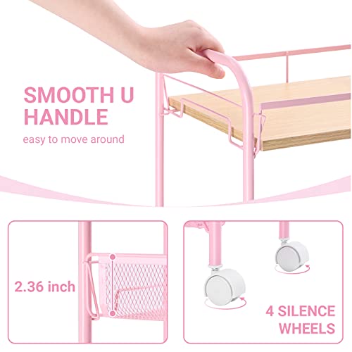 Kingrack 4-Tier Rolling Cart,Metal Utility Cart With Wooden Tabletop,Easy Assemble Mobile Storage Trolley On Wheels,Craft Storage Cart For Bedroom Kid's Room Office Bathroom Laundry Room,Pink #TOP3