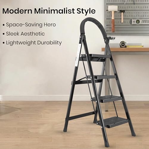 Image of Black 4 Step Ladder for Home Use with Built-in Tool Tray | Heavy Duty D Shape Rods | Ultra Large Platform | Wide Rubber Feet | 150Kg Capacity Foldable Ladder - 7 Years Warranty
