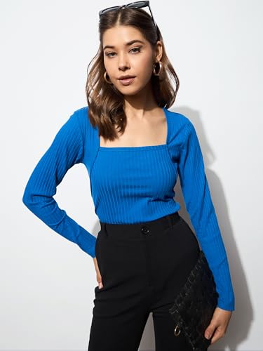Image of barcino Black Rib Stitch Square Neck Full Sleeves Top