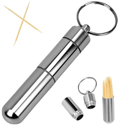 RLMVGBX Pocket Toothpick Holder Waterproof Aluminium Alloy Toothpick Box Metal Pill Case with Key Ring, 2.8 x 0.6 Inch