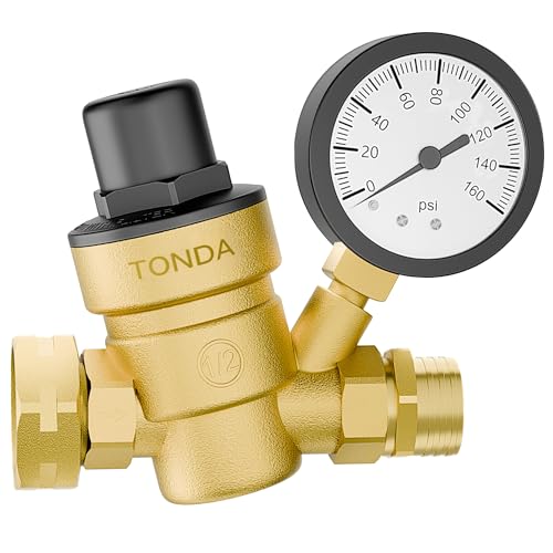 TONDA RV Water Pressure Regulator, Brass Lead-Free Adjustable Pressure Regulator with Gauge and Inlet Screen Filter for RV Camper Travel Trailer Water Hose