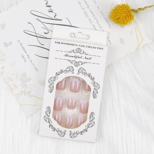 French Tips Press On Nails Short, Purple Line Fake Nails With Design Square Nude Acrylic False Nail Kits Stick Glue On Nails Sets For Women Reusable Full Cover Gel Nails For Holiday Gift 24Pcs #TOP3