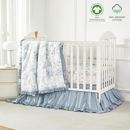 Image of Brandream Baby Crib Sheets for Girls Boys, Fitted Crib Sheet for Standard Crib and Toddler Mattress, Super Soft 100% Cotton Baby Sheet French Country Toile Botanical Grandmillennial Floral Print, Blue