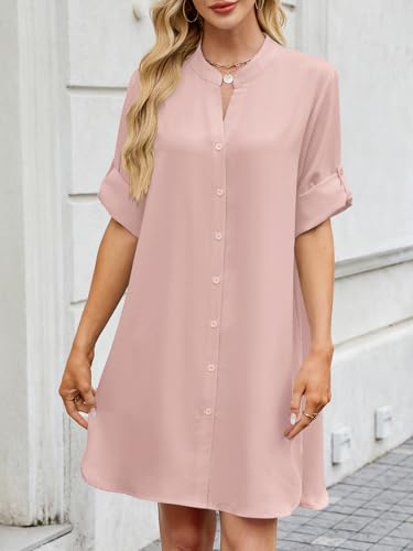 Image of PerZeal Womens Sexy V Neck Button Down Shirt Dresses Summer Short Sleeve Casual Loose Blouses & Button-Down Shifts Cover Ups