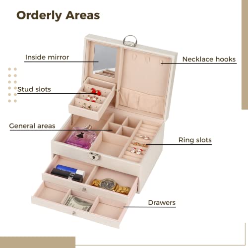 Tideme 3-Layer Pu Jewelry Box With 2 Drawers, Vintage Jewelry Organizer Lockable Jewelry Storage For Women Girls Travel Case Display Storage 8.9 X 6.9 X 4.5 Inches. #TOP2