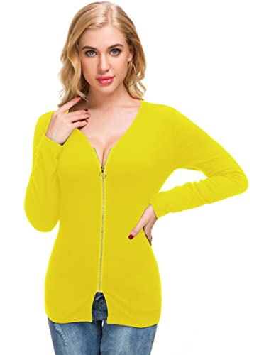 Image of Afibi Women V Neck Zip Front Long Sleeve Casual Top Blouse Shirt /Cardigan