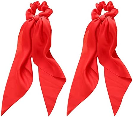 Silk Hair Scrunchies Knotted Bow Ponytails Soft Hair Holders Satin Hair Bands Elastic Hair Ties Cute Hair Scarf Ribbon for Girls and Women, 2pcs (Red)