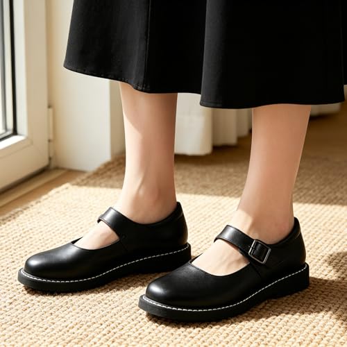 Image of Women's Mary Jane Oxford Shoes Leather Non-Slip Dress Vintage Buckle Design for Casual Formal Work Shoes Girls School Office Comfort Flats.
