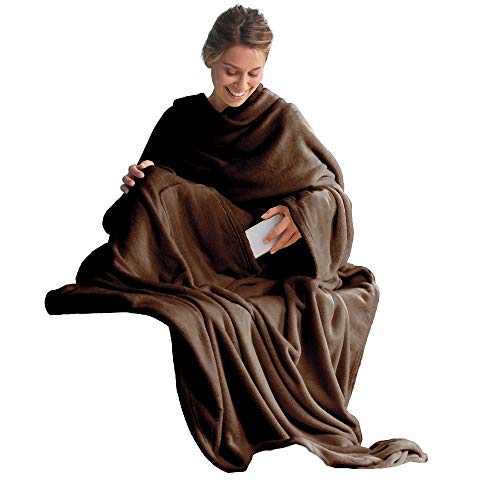 CelinaTex TV-Decke mit Ärmeln und Fußtasche Flauschige Kuscheldecke 150 x 180 cm dunkel braun Mikrofaser Fleece Soft Oeko-TEX – Ansicht 1