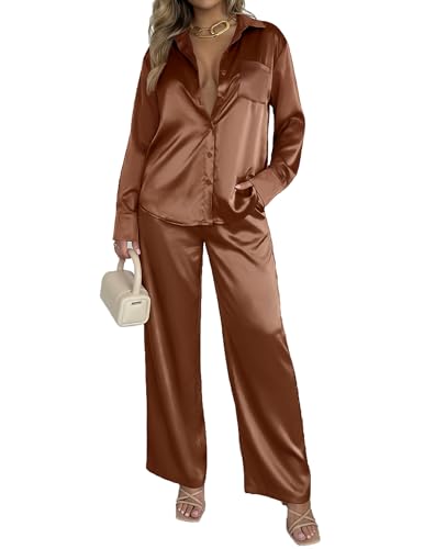 Image of Ekouaer Womens Satin Silky Pajama Set 2 Piece Print PJs Soft Loungewear Button Down Sleepwear with Elastic Waist Long Pants