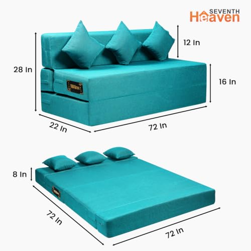 Image of Seventh Heaven Rejioce 4 Seater 6 * 6 Jute Fabric Washable Cover Sofa Cum Bed with 3 Cushions 4 Seater Double Foam Fold Out Sofa Cum Bed (Finish Color - Blue Delivery Condition - Pre-Assembled)