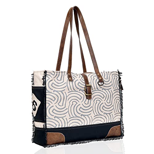 Image of Upcycled Canvas & Leather Shoulder Bag Tote Crossbody Purse Leather Tote Bag Classic Canvas Tote