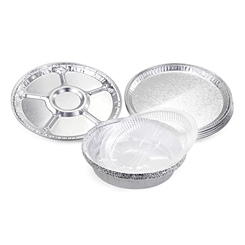 IDL Packaging 15 pc Aluminum Catering Set with 5 Lazy Suzan Trays, 5 Flat Trays and 5 Pans with Lids - Disposable Round Aluminum Foil Containers for Baking, Catering, Party Servings