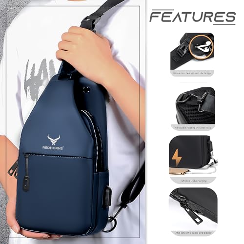 Image of REDHORNS Waterproof Crossbody Chest Bag for Men and Women Fashion Sling Bag With Adjustable Shoulder Strap, Multipurpose Cross Body Backpack with 4 Pockets, USB Charging Port and Earphone Hole