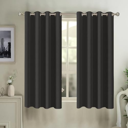 Image of HUTI Home Heavy Blackout Window Curtain | Solid Plain Polyester Eyelet Curtain | Black | 5 Feet | Set of 2