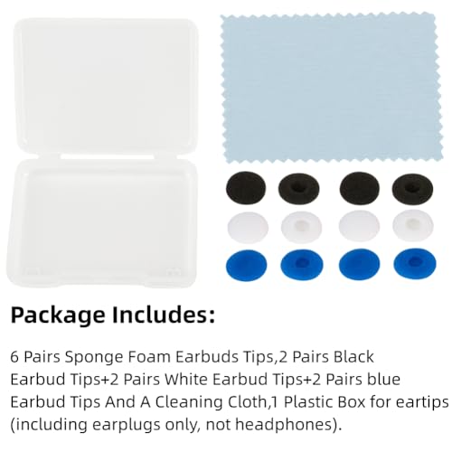 SNHTLS Replacement Earbud Tips Soft Sponge Ear Tips Buds Compatible with 13mm-18mm Earphone Headsets Accessories Foam Cushions Eartips Headphone Covers 6 Pairs (Black+White+Blue)