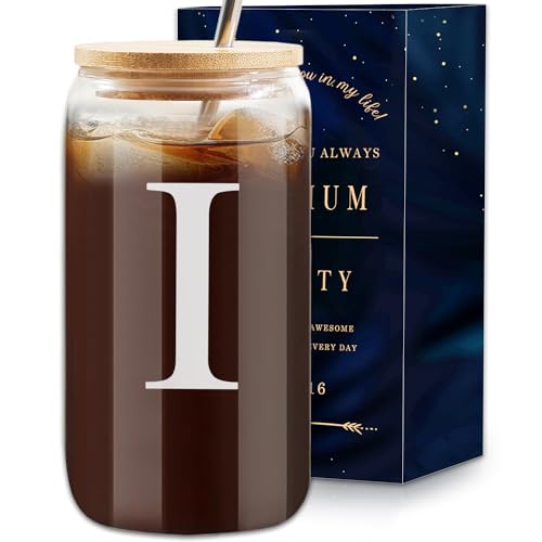 Elysine Initial Glass Cup 16oz, Monogrammed Gifts for Women, Glass Can Cup w/Bamboo Lid Straw,Personalized Valentines Mother Day Birthday Gifts for Women, Mom, Wife, Girlfriend, Sister, Friends (I)