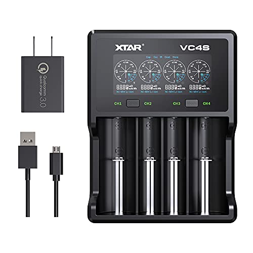 XTAR VC4S 4 Bay Fast Charger 18650 Universal Rechargeable Battery Charger Intelligent Charger for 3.7V Lithium 14500 16340 18650 21700 26650 Ni-MH AA AAA with 18W QC3.0 Adapter