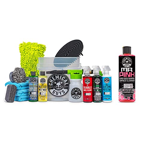 Chemical Guys CWS_402CW 14-Piece Arsenal Builder Car Wash Kit W/Foam Gun, Bucket and (5) 16 oz Car Care Cleaning Chemicals (Works w/Garden Hose) with Mr. Pink Foaming Car Wash Soap, 16 oz