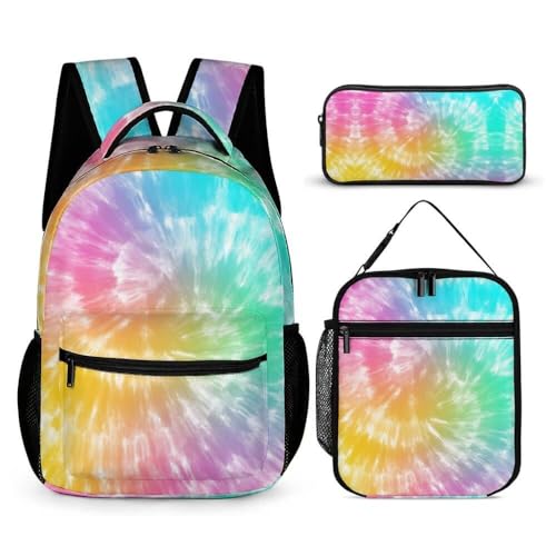 Tie Dye Backpack with Lunch Box & Pencil Case, 16 Inch Tie Dye Themed Bookbag, Adjustable Lightweight Large Capacity, Colorful Tie Dye Backpack Set for Kids Girls Boys School