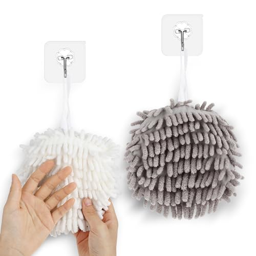 Gjinxi Fuzzy Ball Towel 2 Pcs Hand Towels Hanging Hand Drying Towel Button Loop Plush Sponge Cute Ball Hand Towels Microfiber Cloth Portable Towel Sets for Decorative Kitchen Bathroom