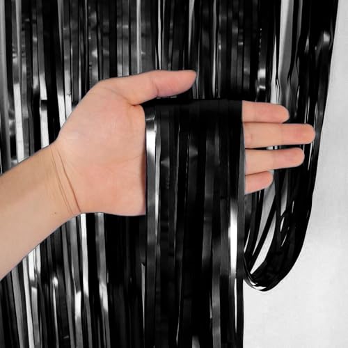 Image of Party Propz Black Foil Curtain for Decoration - 3 Pcs (3 ft x 6 ft Each) Large Foil Curtains for Birthday Decoration | Black Birthday Decoration Items | Foil Fringe Curtain | Party Decorations Items