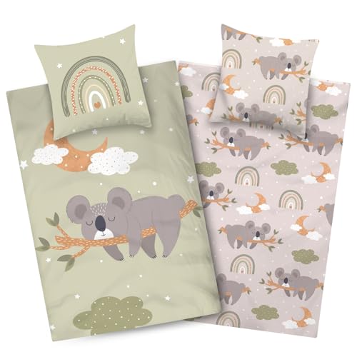 Aminata kids Koala Bettwäsche 135x200 80x80 Baumwolle Kinder Jugend Wende Bettbezug Regenbogen Tier Motiv Tiermotiv mit Öko-Tex & Reissverschluß Tiere Wende Kinderbettwäsche