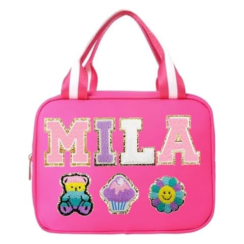 ROSLILY Personalized Lunch Bag for Girls Boys Custom Lunch Tote With Chenille Name Patch Nylon Lunch Box Supplies for Birthday Christmas Cover